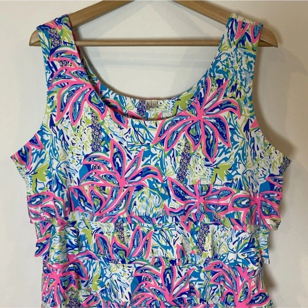 Lulu B Dress Sheath Stretch Ruffle Sleeveless Pink Blue Green XL